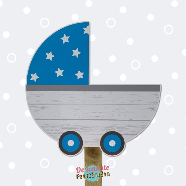 Geboortebord Kinderwagen houtlook blauw